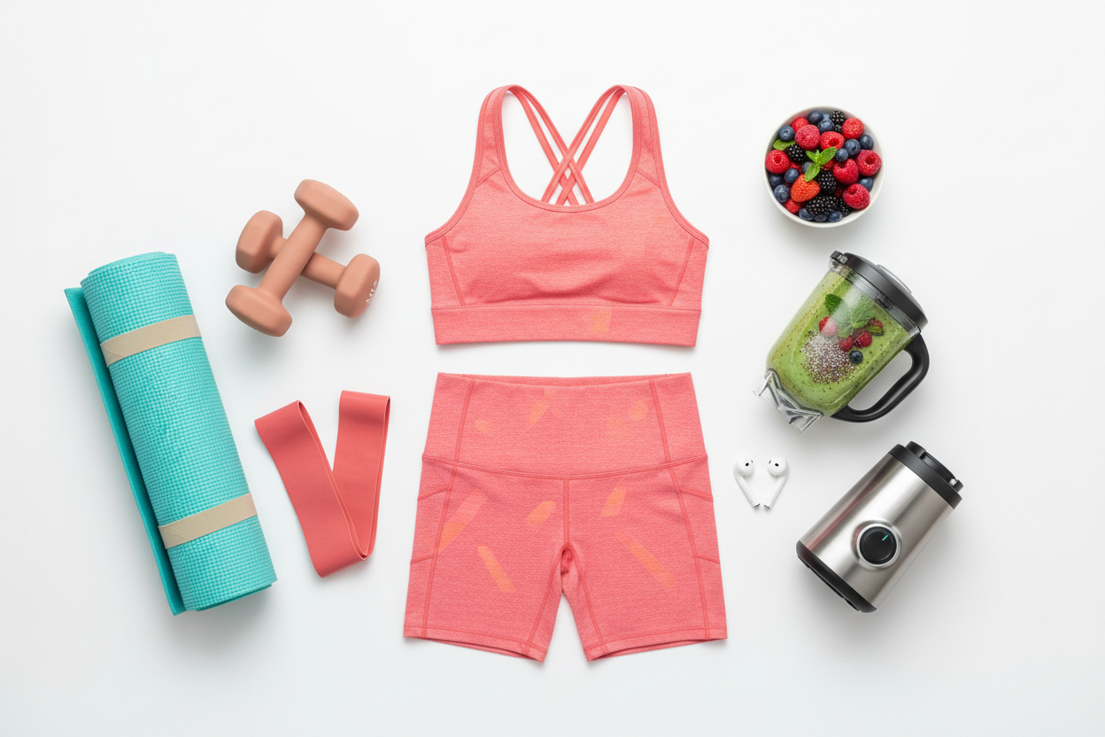 Flat lay of gym equipment, activewear, and blender