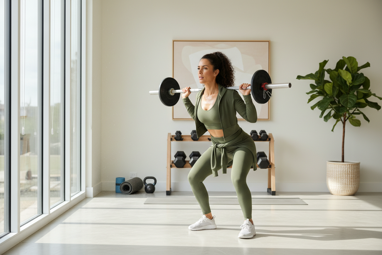 Woman in activewear working out at home